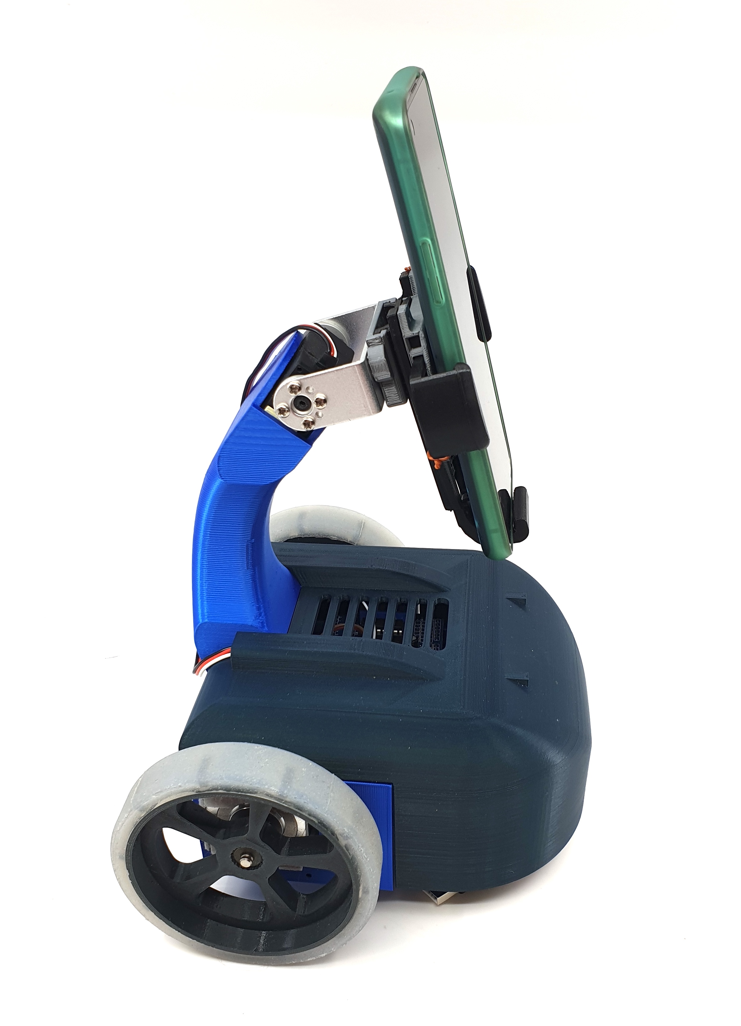 The blue TableBot1 tabletop telepresence robot.