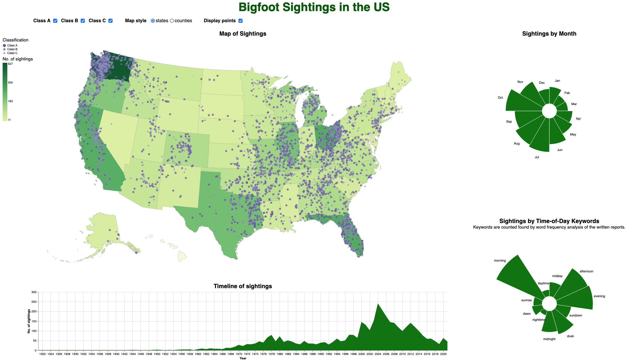 A visualisation of all bigfoot sightings in the USA collected from the Bigfoot Field Researchers Organisation